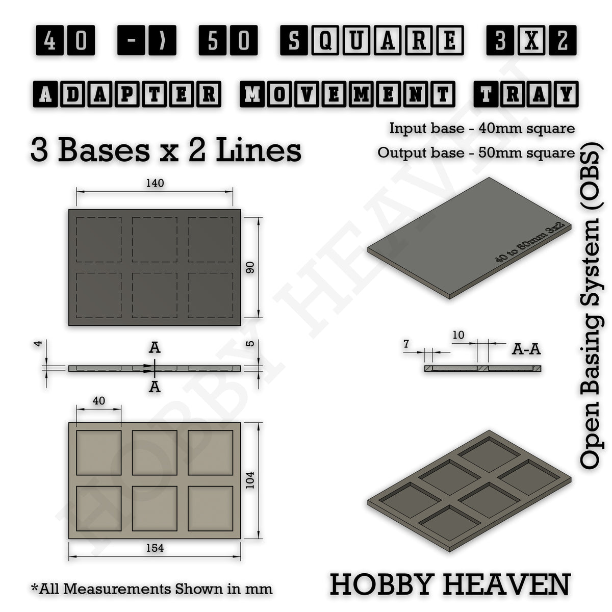 Technical drawing of the 40 to 50 mm square adapter, 3 × 2 formation: 154 × 104 mm overall, 5 mm tall.