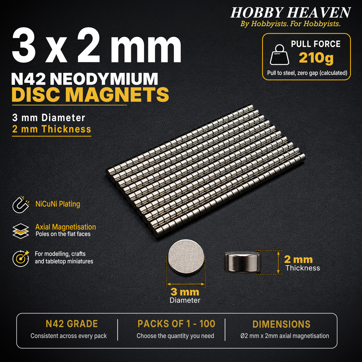 Overview panel for 3 x 2 mm N42 neodymium disc magnets - 210 g calculated pull to steel at zero gap, NiCuNi plating, axial magnetisation