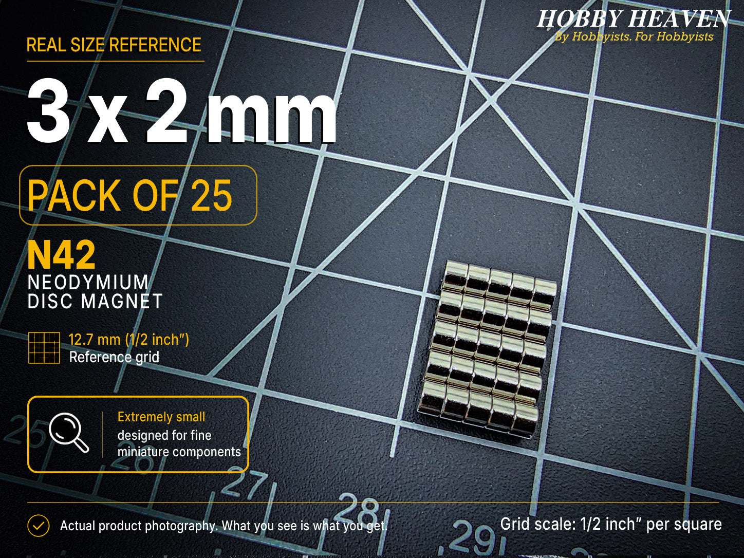 Pack of 25 - 3 x 2 mm N42 neodymium disc magnets in five stacked rows on a half-inch reference grid