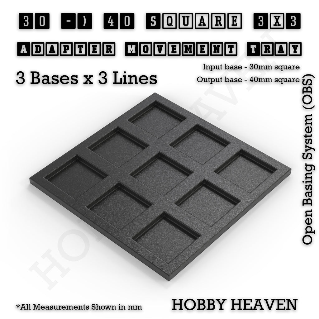 CGI render of the 30 to 40 mm square adapter, 3 × 3 formation, with 9 seats for 30 mm square bases.