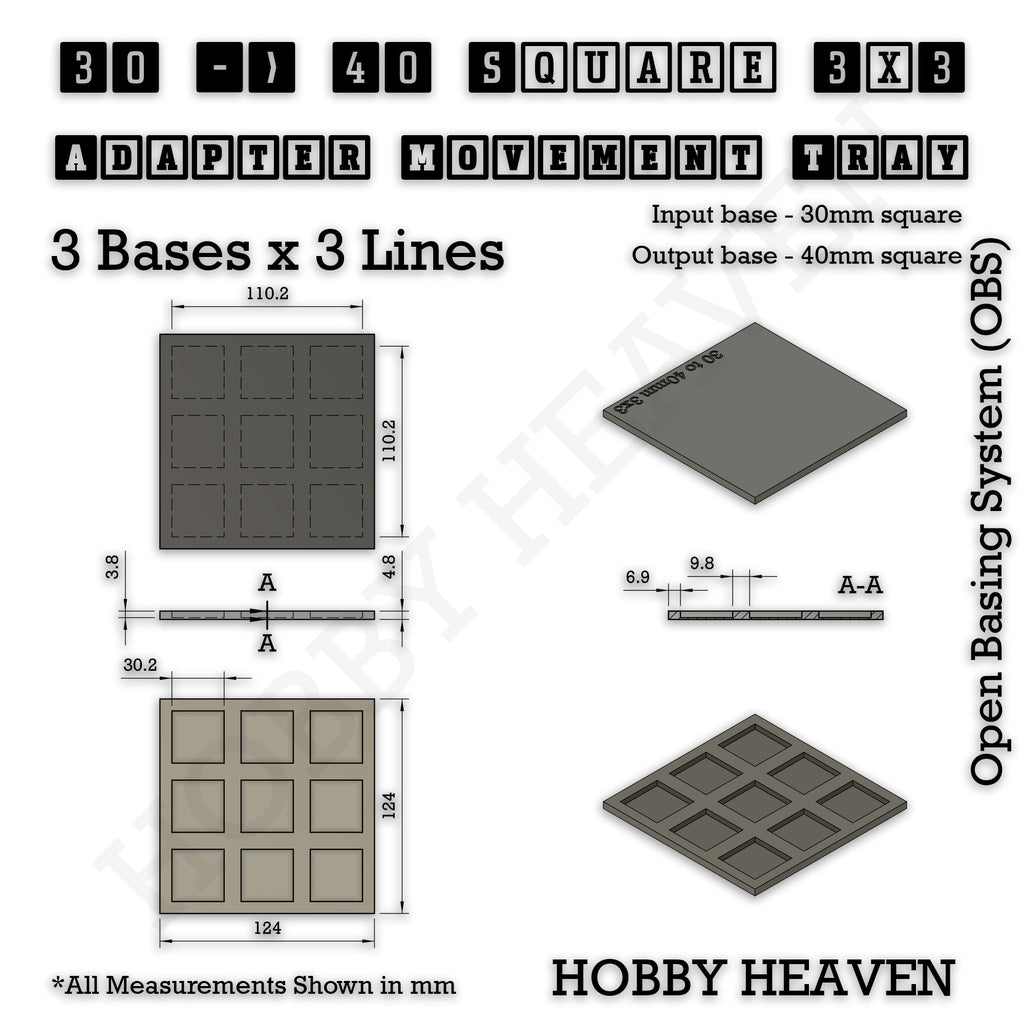 Technical drawing of the 30 to 40 mm square adapter, 3 × 3 formation: 124 × 124 mm overall, 4.8 mm tall.