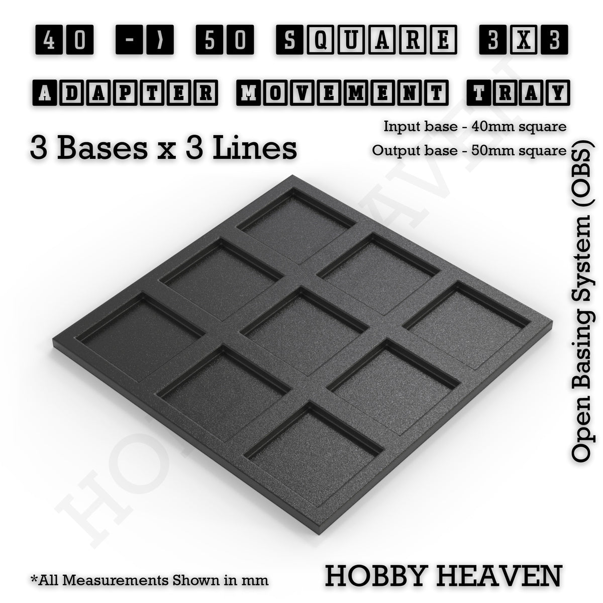CGI render of the 40 to 50 mm square adapter, 3 × 3 formation, with 9 seats for 40 mm square bases.