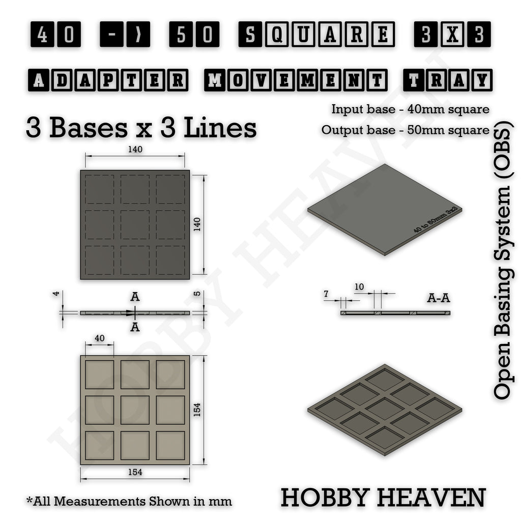 Technical drawing of the 40 to 50 mm square adapter, 3 × 3 formation: 154 × 154 mm overall, 5 mm tall.