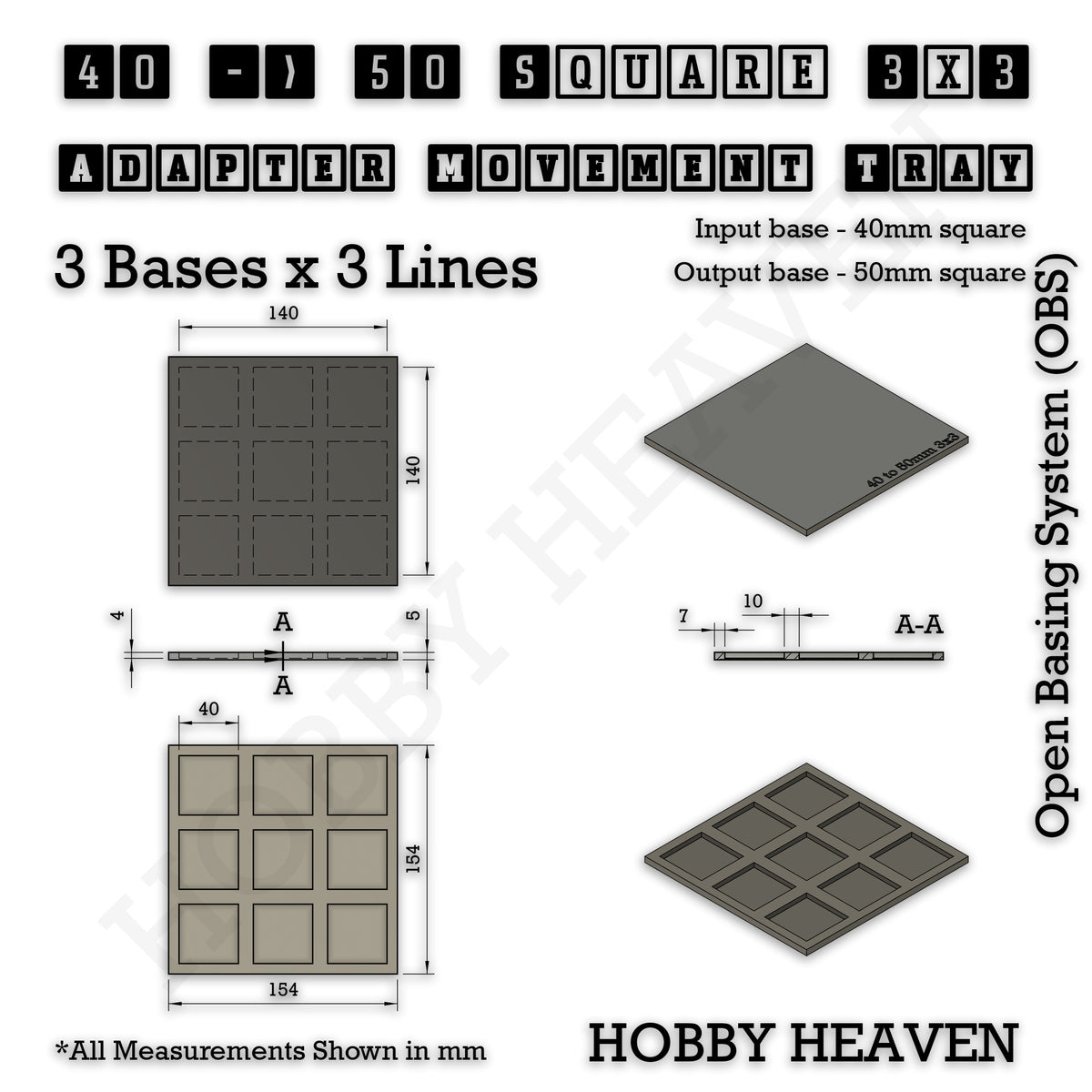 Technical drawing of the 40 to 50 mm square adapter, 3 × 3 formation: 154 × 154 mm overall, 5 mm tall.