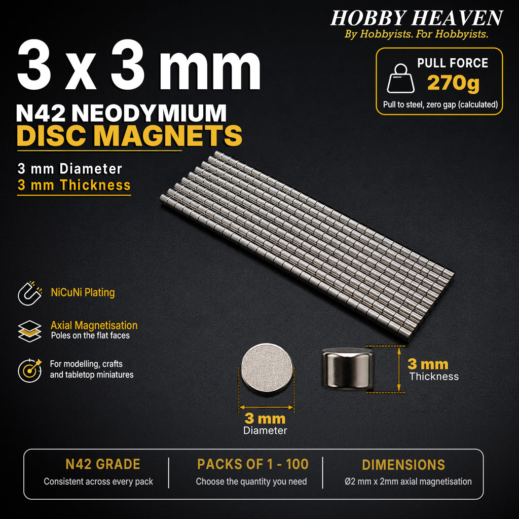 Overview panel for 3 x 3 mm N42 neodymium disc magnets - 270 g calculated pull to steel at zero gap, NiCuNi plating, axial magnetisation