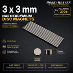 Overview panel for 3 x 3 mm N42 neodymium disc magnets - 270 g calculated pull to steel at zero gap, NiCuNi plating, axial magnetisation