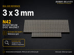 Stacked rows of 3 x 3 mm N42 neodymium disc magnets shown at real size on a half-inch reference grid