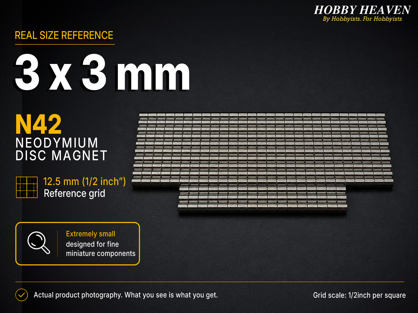 Stacked rows of 3 x 3 mm N42 neodymium disc magnets shown at real size on a half-inch reference grid