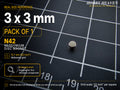 Pack of 1 - single 3 x 3 mm N42 neodymium disc magnet on a half-inch reference grid