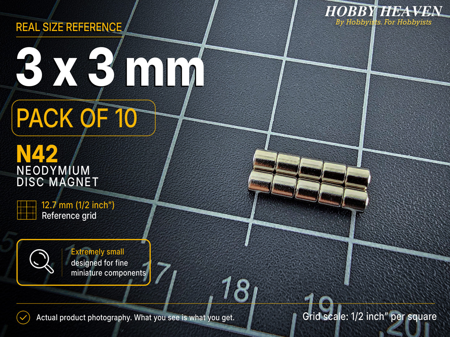 Pack of 10 - 3 x 3 mm N42 neodymium disc magnets in two stacked rows on a half-inch reference grid