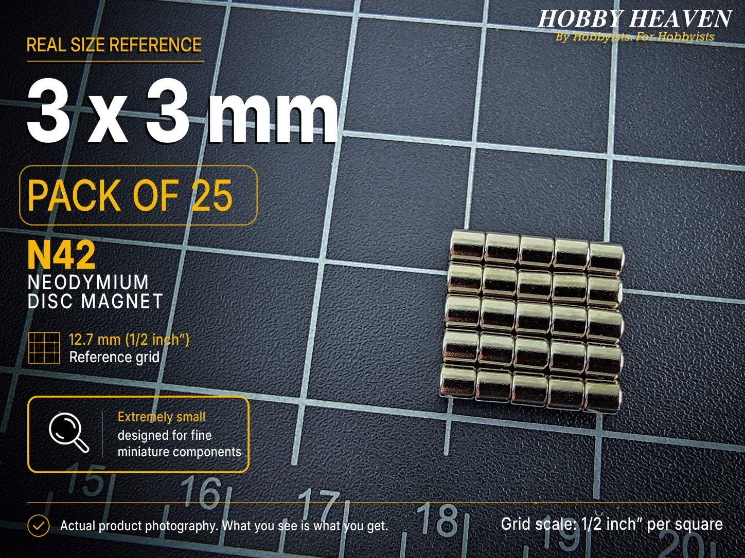 Pack of 25 - 3 x 3 mm N42 neodymium disc magnets in five stacked rows on a half-inch reference grid