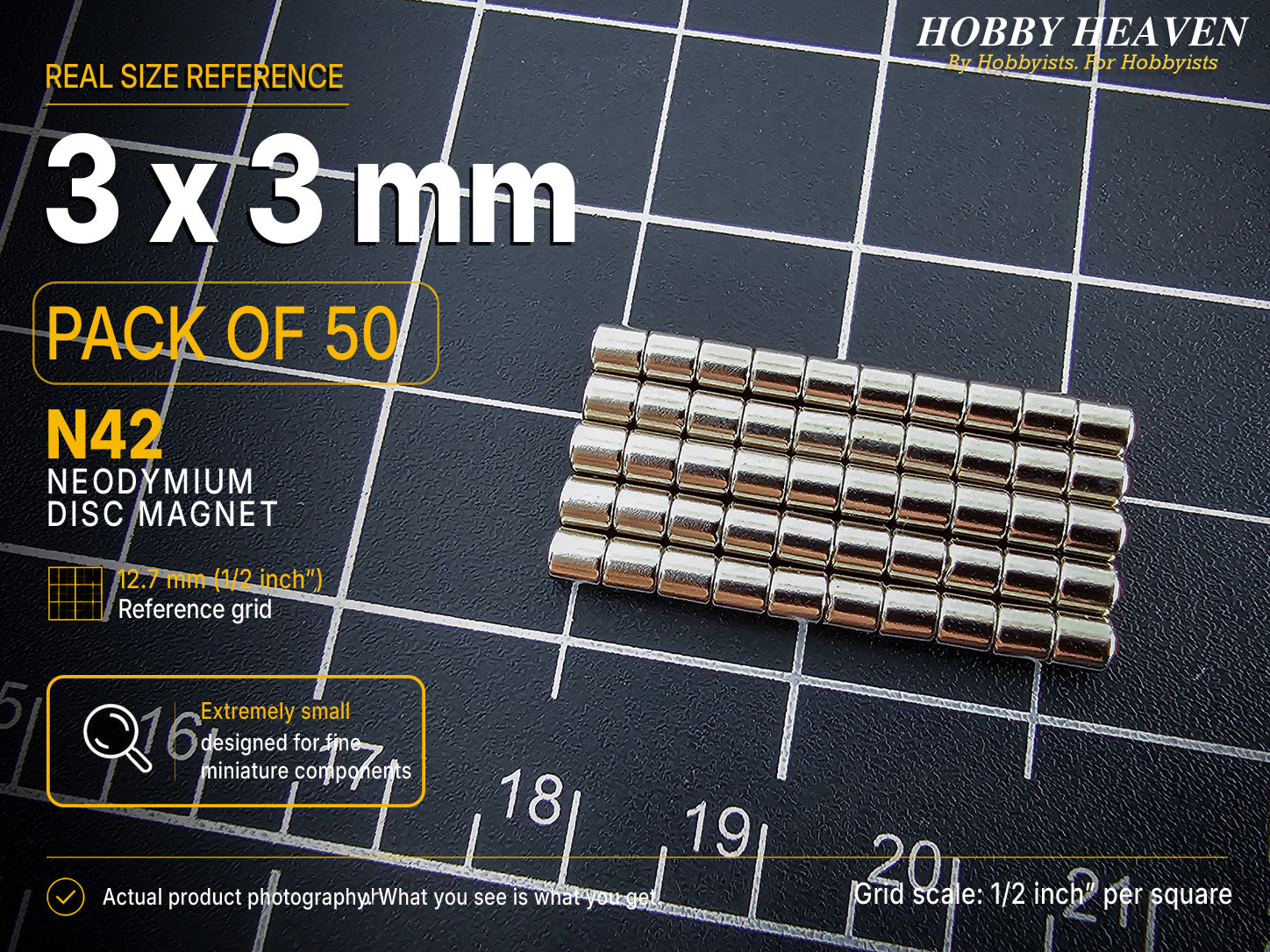 Pack of 50 - 3 x 3 mm N42 neodymium disc magnets in stacked rows on a half-inch reference grid