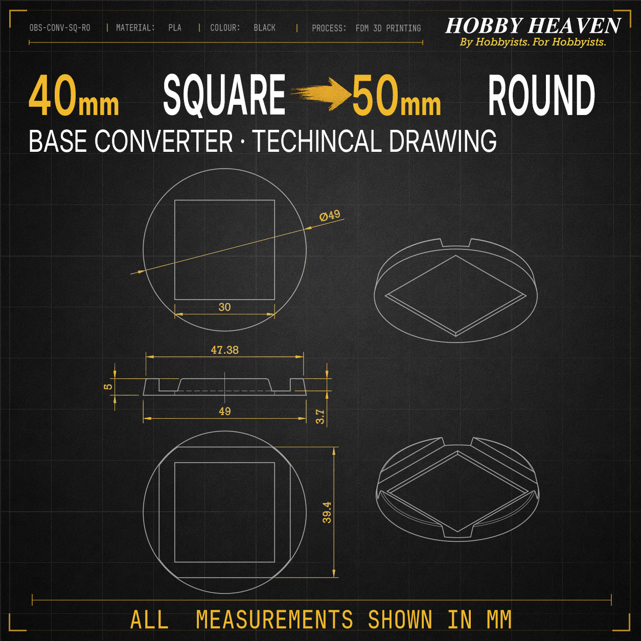 Square to Round Base Converters 3D Print Full Range