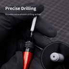 AT-VHDS drilling into plastic with precision bit, inset showing clean drilled hole