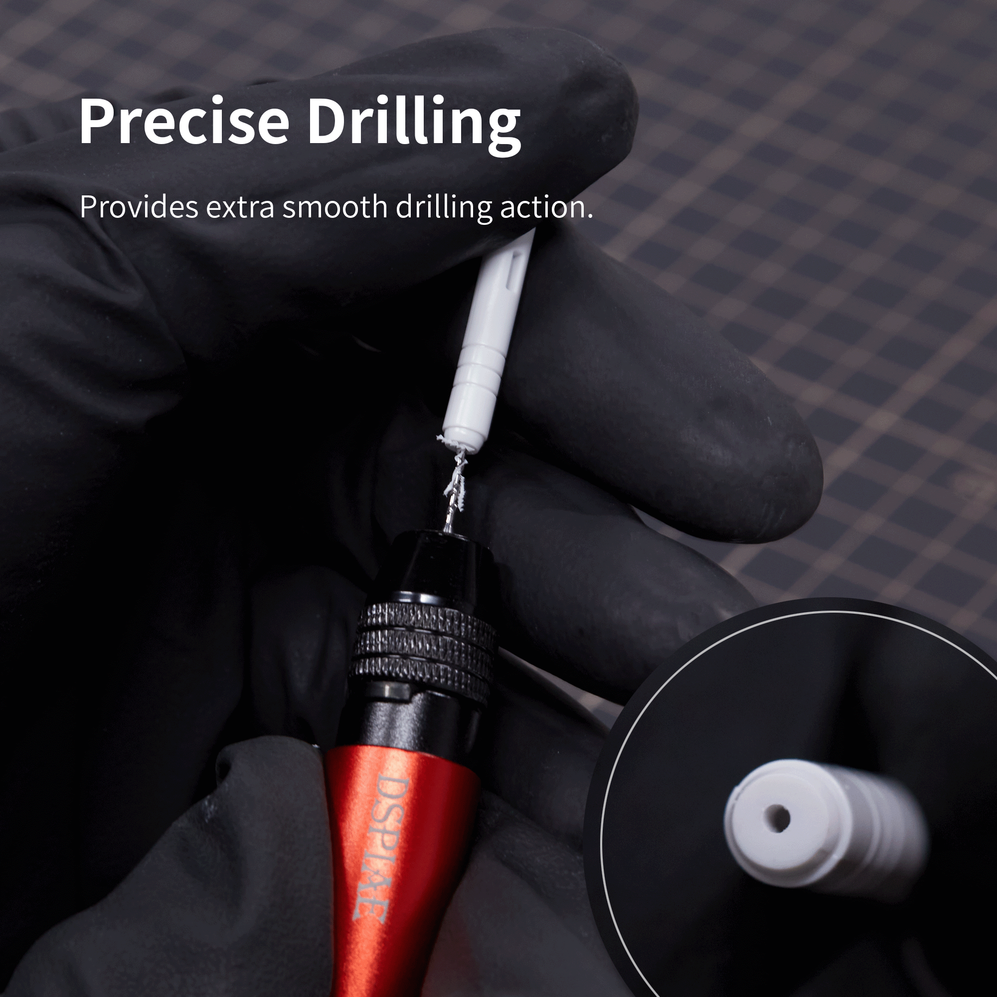AT-VHDS drilling into plastic with precision bit, inset showing clean drilled hole