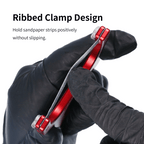 Ribbed clamp graphic: close-up of the knurled thumbnut and ribbed jaw holding a sanding strip