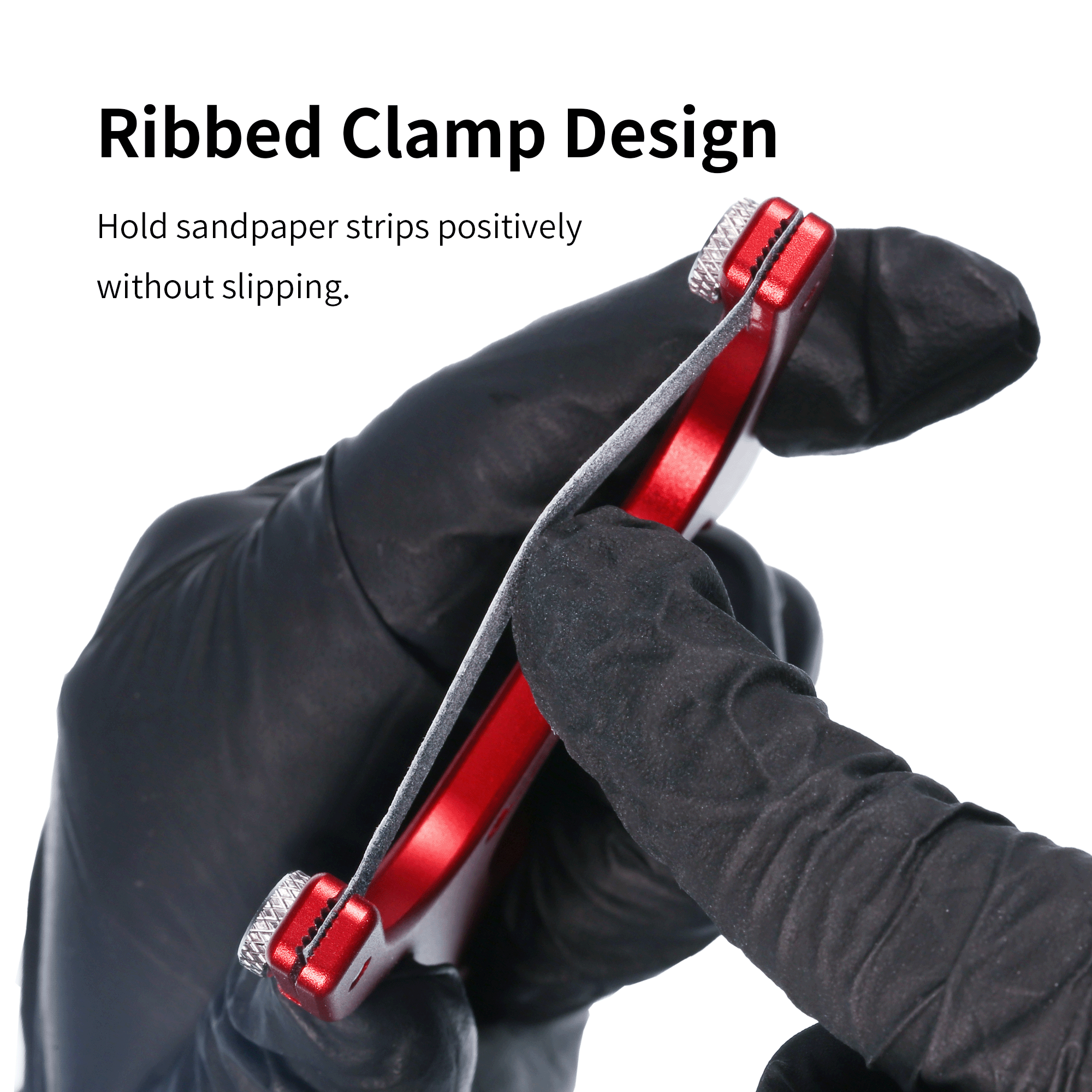 Ribbed clamp graphic: close-up of the knurled thumbnut and ribbed jaw holding a sanding strip