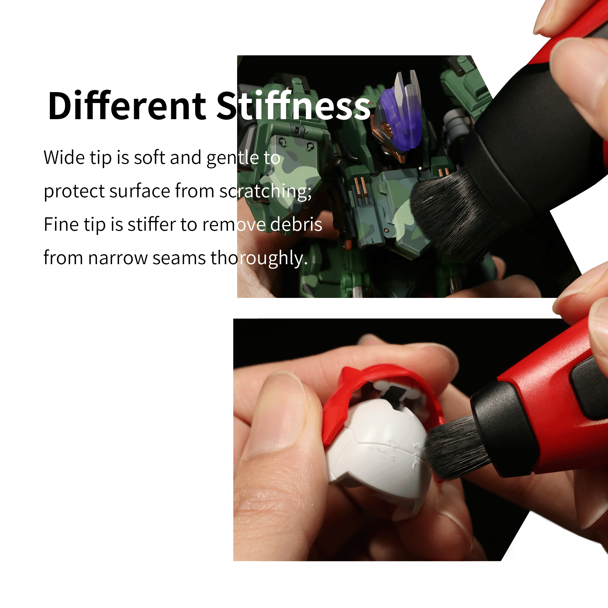 DSPIAE panel: the PT-RDB wide tip dusting a green mecha kit and the fine tip cleaning a white helmet