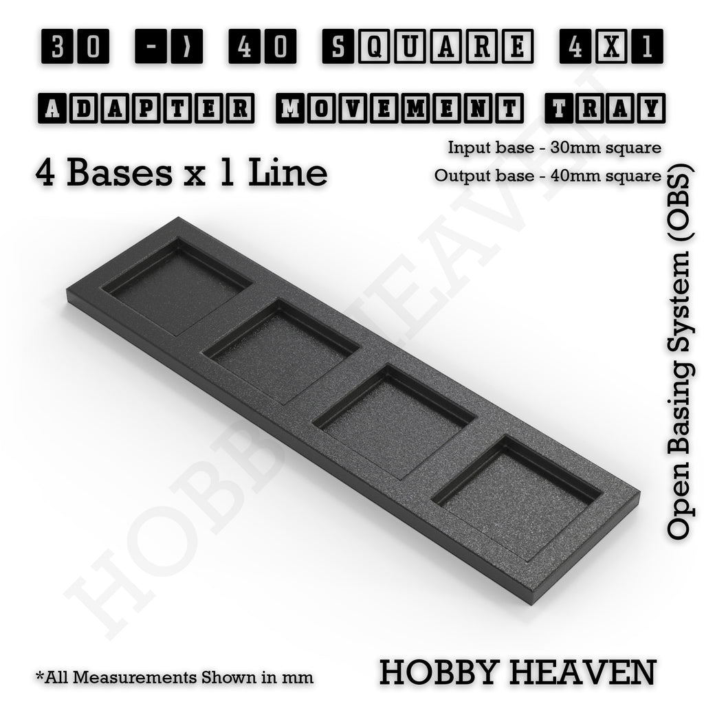 CGI render of the 30 to 40 mm square adapter, 4 × 1 formation, with 4 seats for 30 mm square bases.