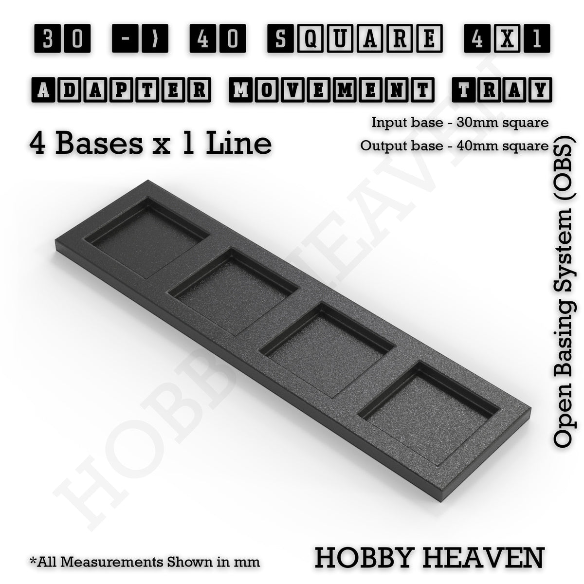CGI render of the 30 to 40 mm square adapter, 4 × 1 formation, with 4 seats for 30 mm square bases.