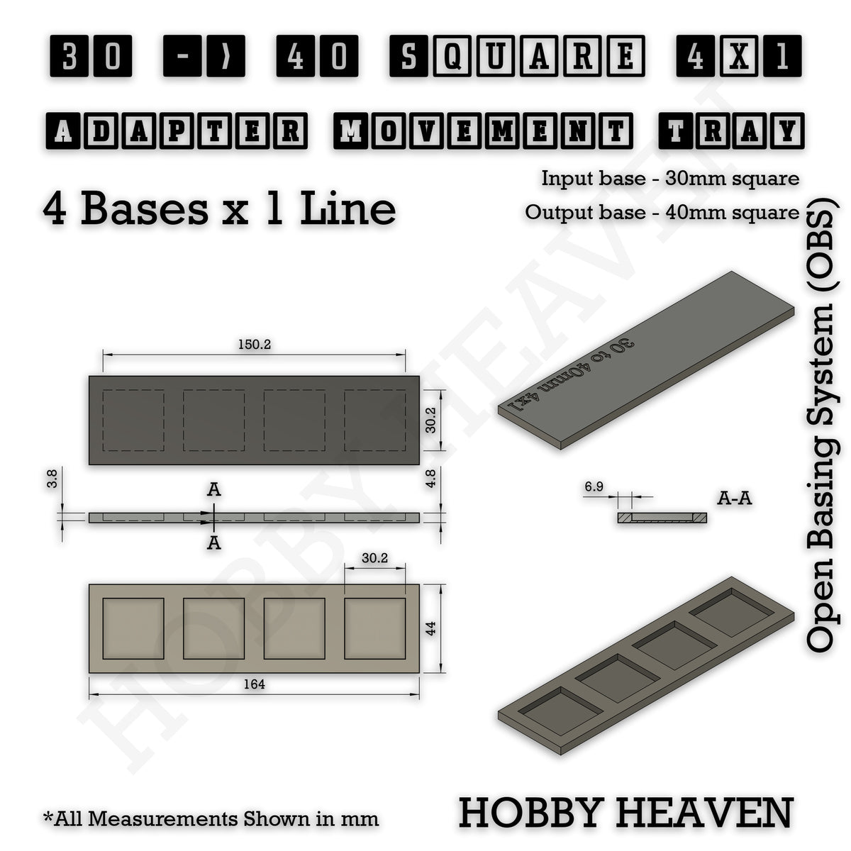 Technical drawing of the 30 to 40 mm square adapter, 4 × 1 formation: 164 × 44 mm overall, 4.8 mm tall.