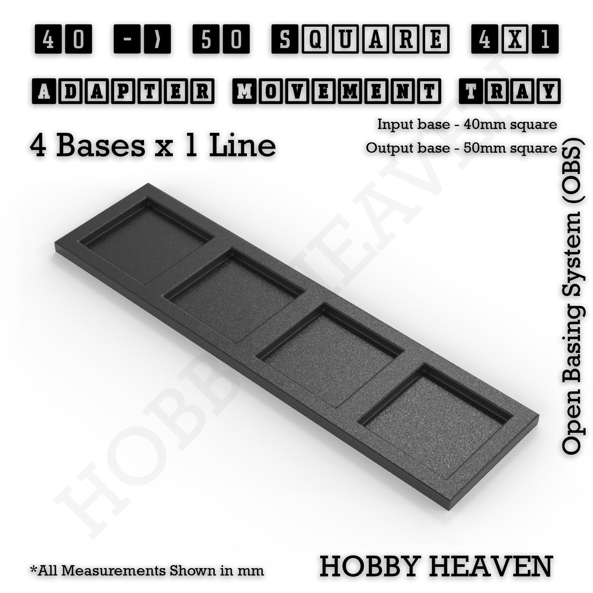CGI render of the 40 to 50 mm square adapter, 4 × 1 formation, with 4 seats for 40 mm square bases.
