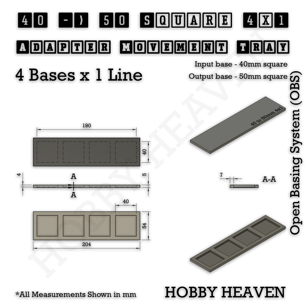 Technical drawing of the 40 to 50 mm square adapter, 4 × 1 formation: 204 × 54 mm overall, 5 mm tall.