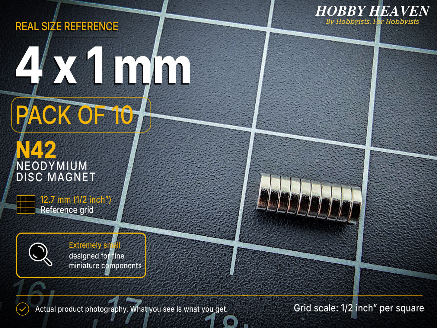 Pack of 10 - 4 x 1 mm N42 neodymium disc magnets stacked in a single column on a half-inch reference grid