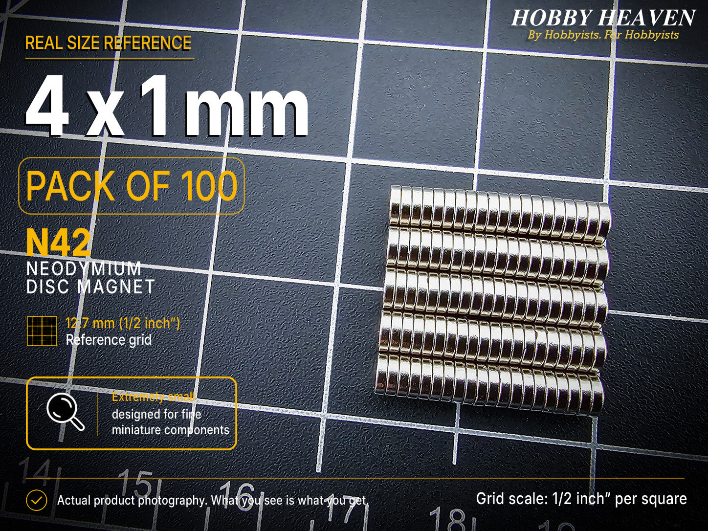 Pack of 100 - one hundred 4 x 1 mm N42 neodymium disc magnets in stacked rows on a half-inch reference grid