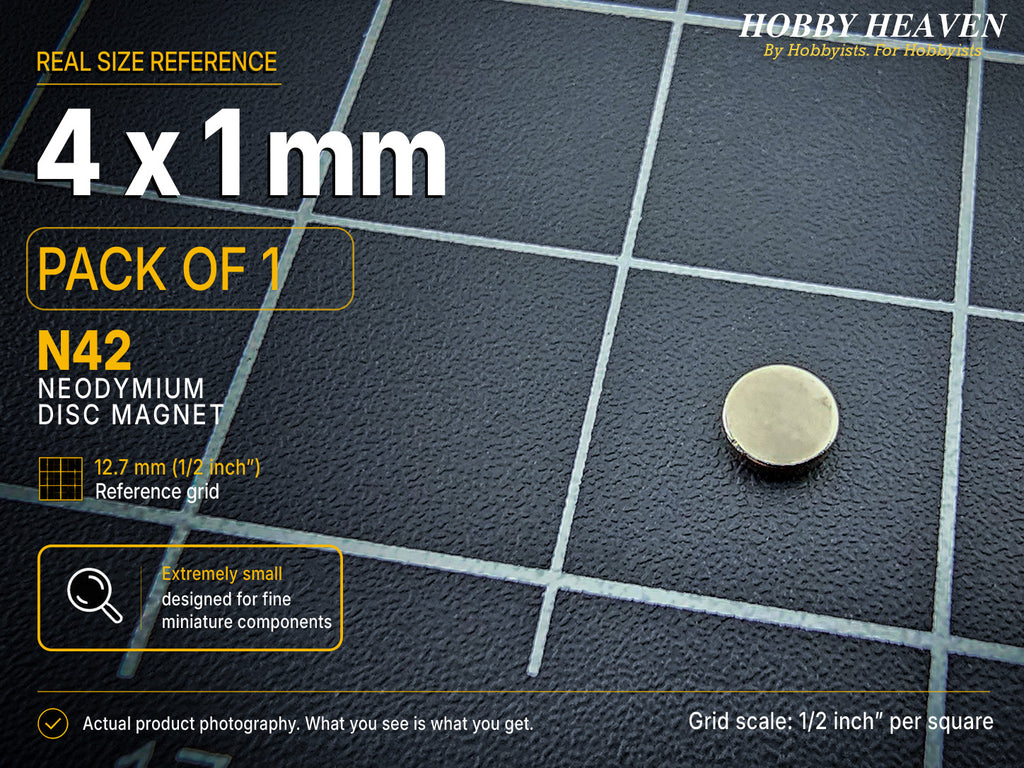 Pack of 1 - single 4 x 1 mm N42 neodymium disc magnet on a half-inch reference grid