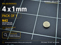 Pack of 1 - single 4 x 1 mm N42 neodymium disc magnet on a half-inch reference grid