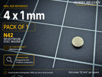 Pack of 1 - single 4 x 1 mm N42 neodymium disc magnet on a half-inch reference grid