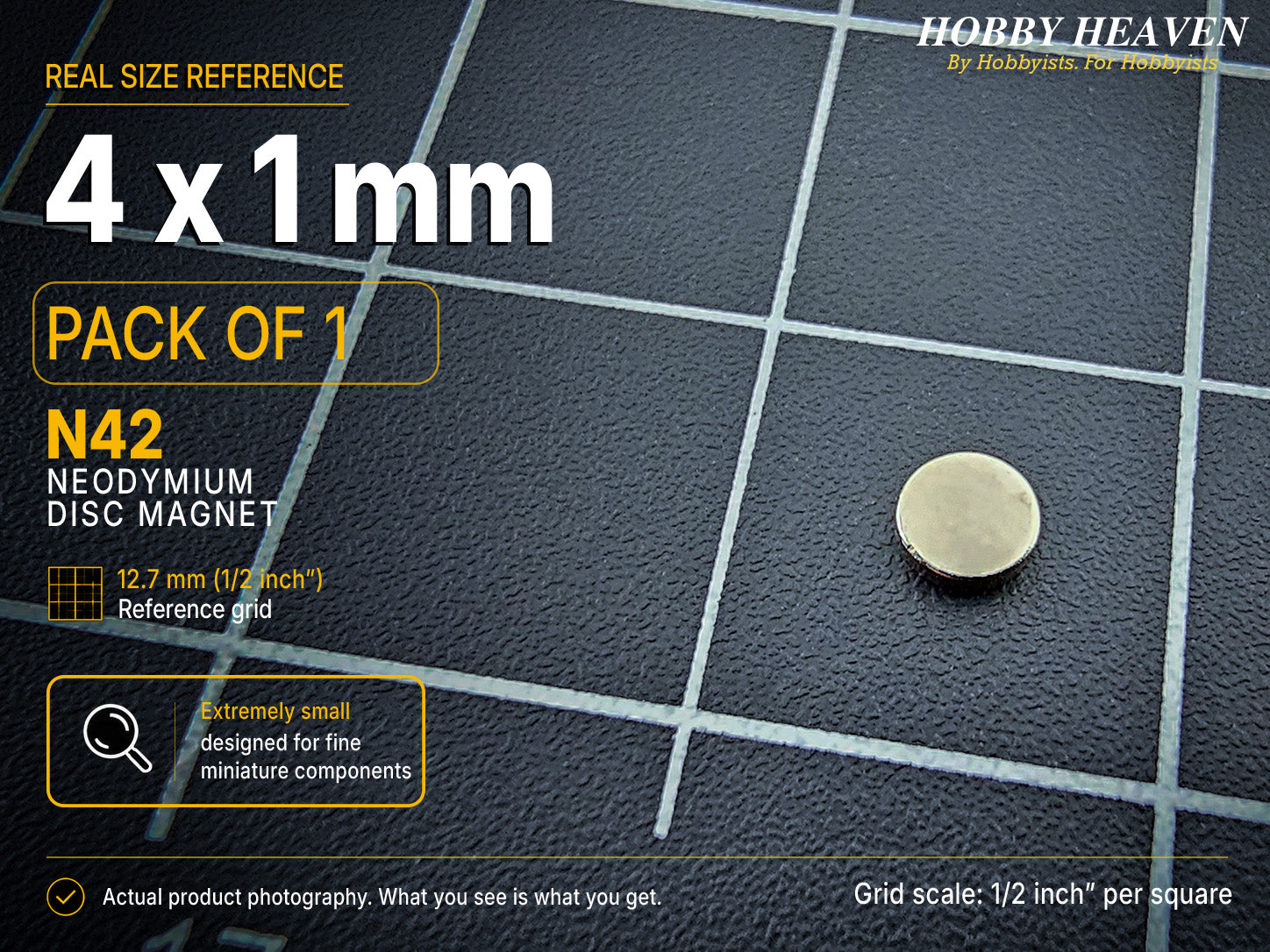 Pack of 1 - single 4 x 1 mm N42 neodymium disc magnet on a half-inch reference grid