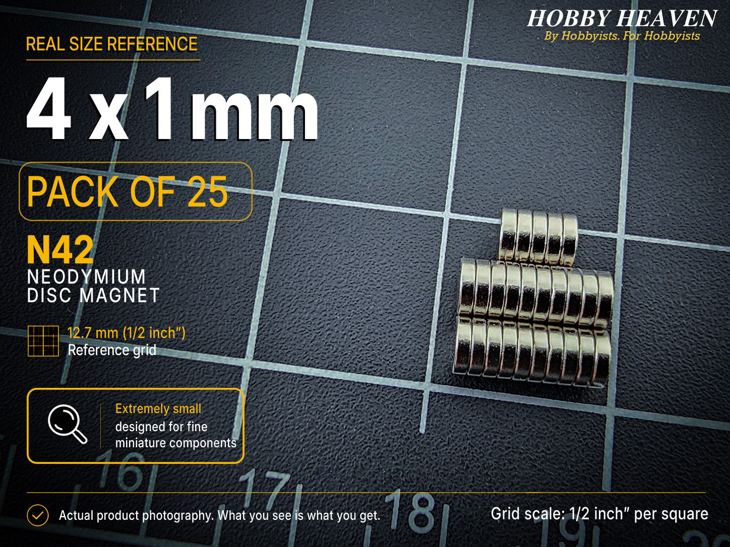 Pack of 25 - 4 x 1 mm N42 neodymium disc magnets in short stacked rows on a half-inch reference grid