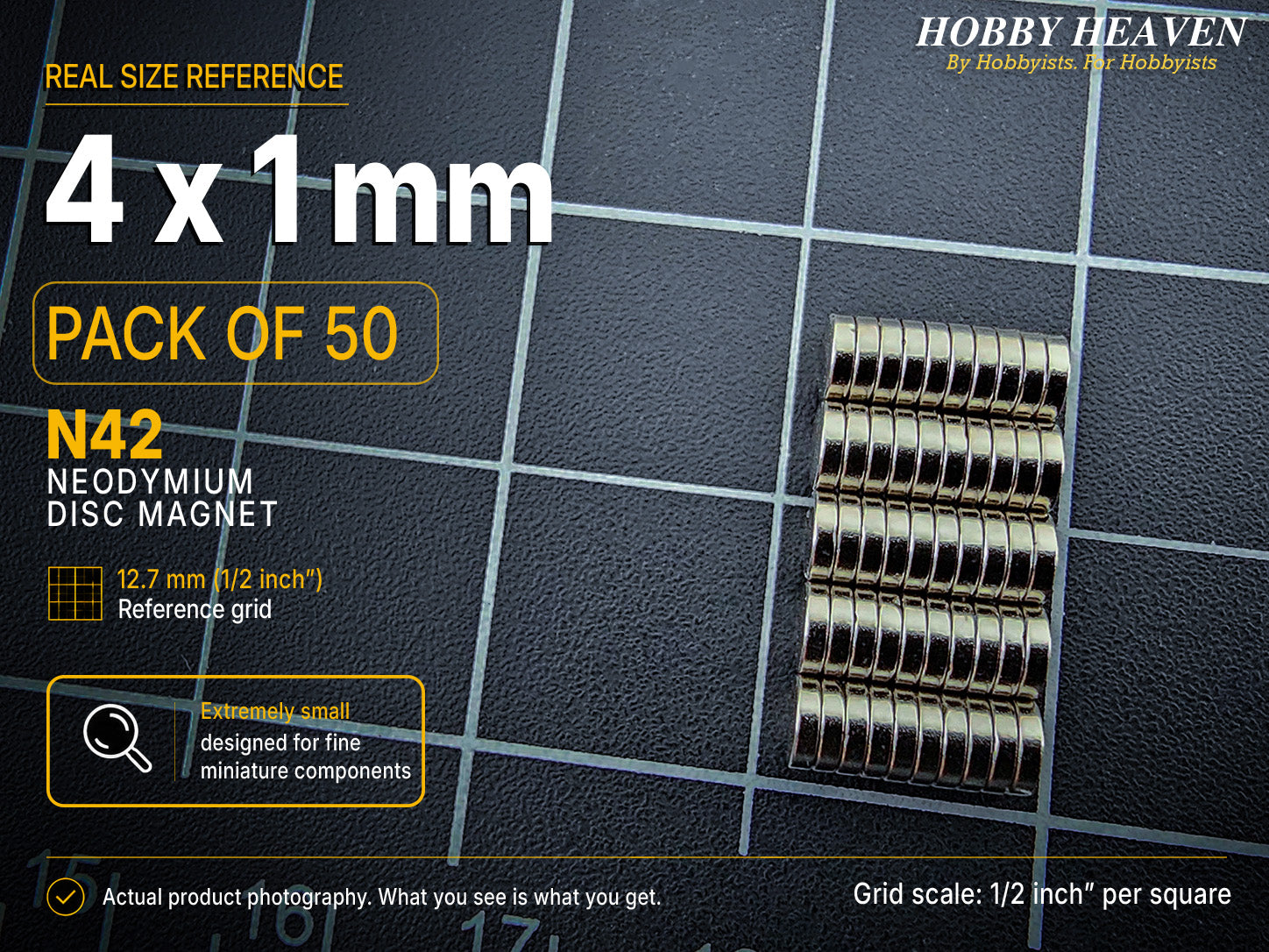 Pack of 50 - 4 x 1 mm N42 neodymium disc magnets in stacked rows on a half-inch reference grid