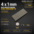 Overview panel for 4 x 1 mm N42 neodymium disc magnets - 160 g calculated pull to steel at zero gap, NiCuNi plating, axial magnetisation