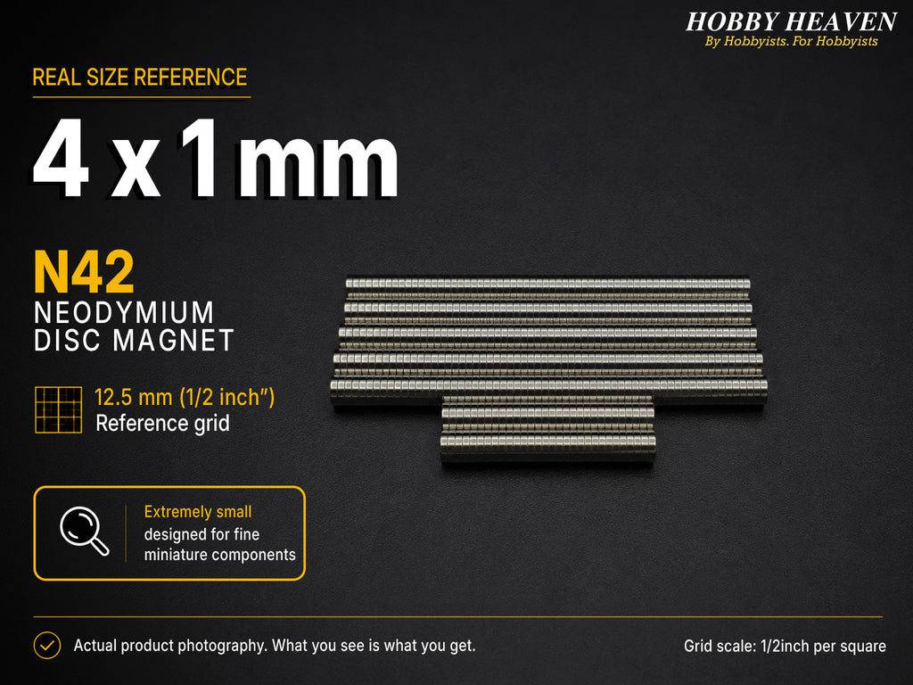 Stacked rows of 4 x 1 mm N42 neodymium disc magnets shown at real size on a half-inch reference grid