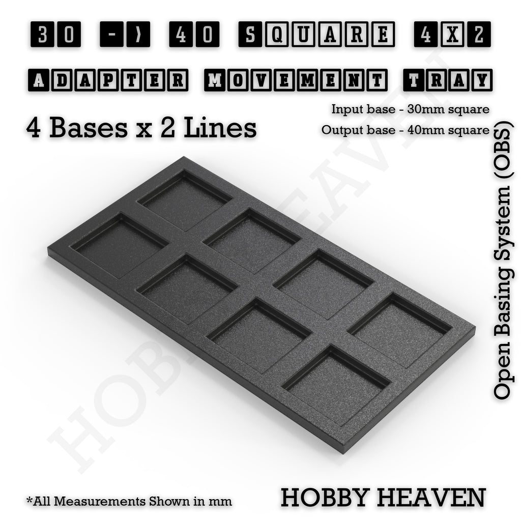 CGI render of the 30 to 40 mm square adapter, 4 × 2 formation, with 8 seats for 30 mm square bases.