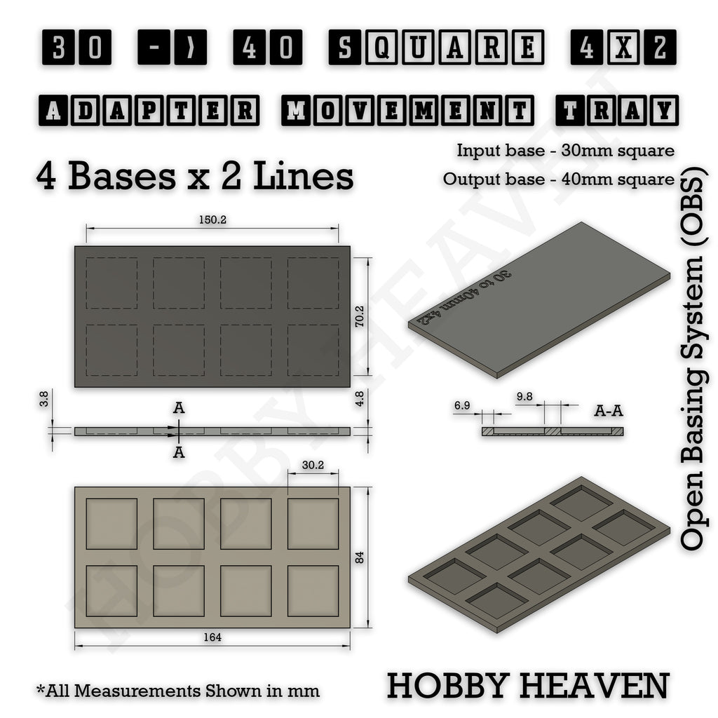 Technical drawing of the 30 to 40 mm square adapter, 4 × 2 formation: 164 × 84 mm overall, 4.8 mm tall.
