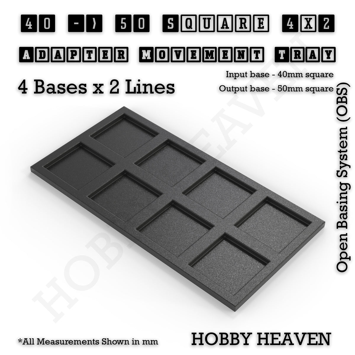 CGI render of the 40 to 50 mm square adapter, 4 × 2 formation, with 8 seats for 40 mm square bases.