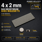 Overview panel for 4 x 2 mm N42 neodymium disc magnets - 340 g calculated pull to steel at zero gap, NiCuNi plating, axial magnetisation