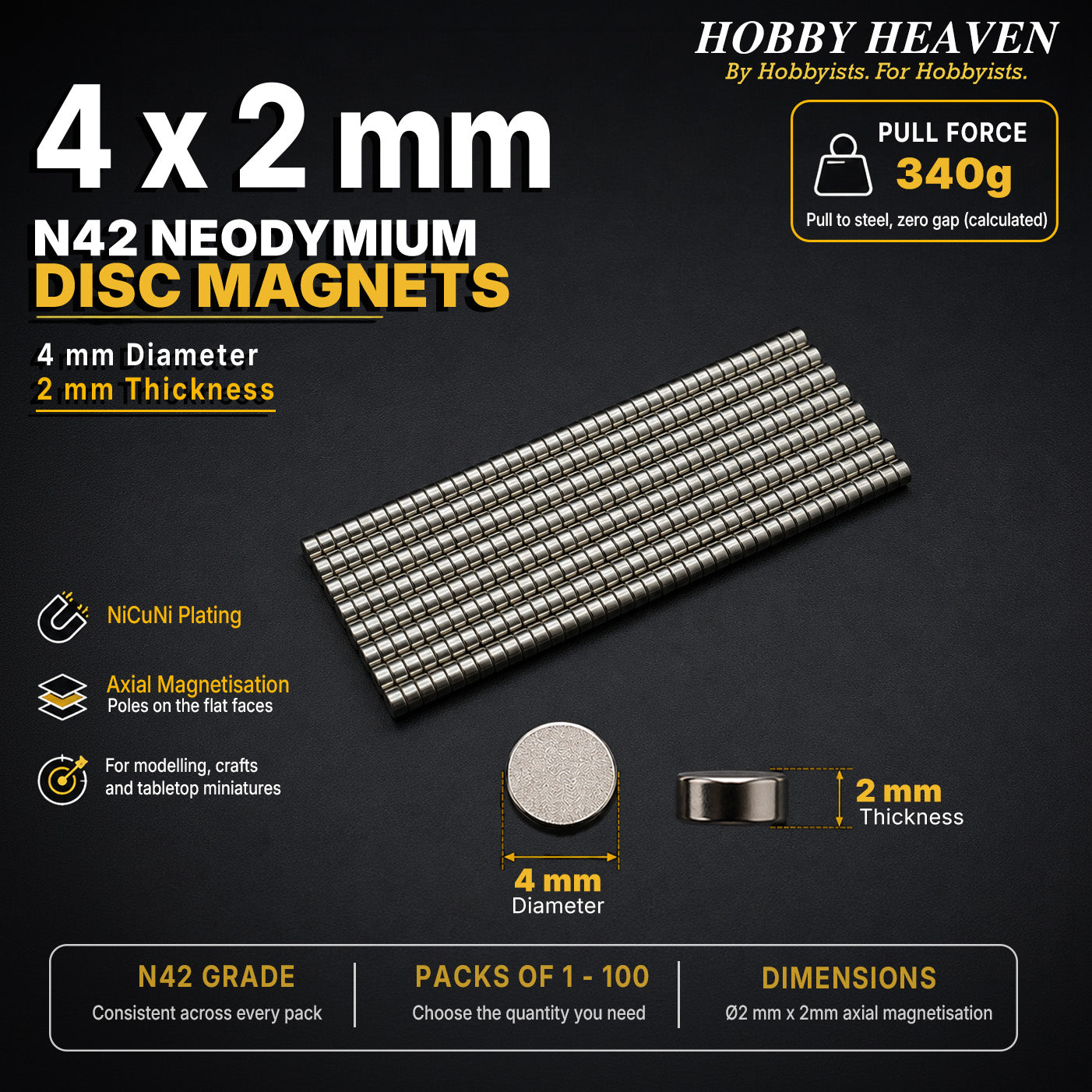 Overview panel for 4 x 2 mm N42 neodymium disc magnets - 340 g calculated pull to steel at zero gap, NiCuNi plating, axial magnetisation