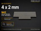 Stacked rows of 4 x 2 mm N42 neodymium disc magnets shown at real size on a half-inch reference grid