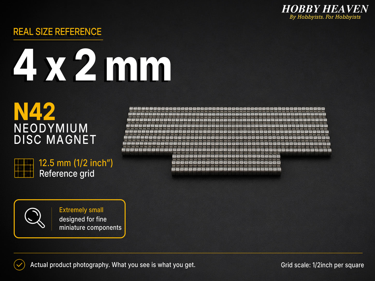 Stacked rows of 4 x 2 mm N42 neodymium disc magnets shown at real size on a half-inch reference grid