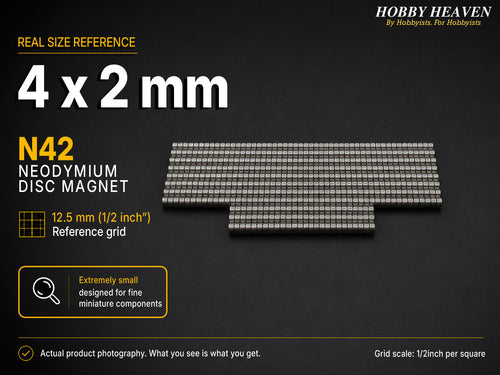 Stacked rows of 4 x 2 mm N42 neodymium disc magnets shown at real size on a half-inch reference grid