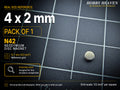 Pack of 1 - single 4 x 2 mm N42 neodymium disc magnet on a half-inch reference grid