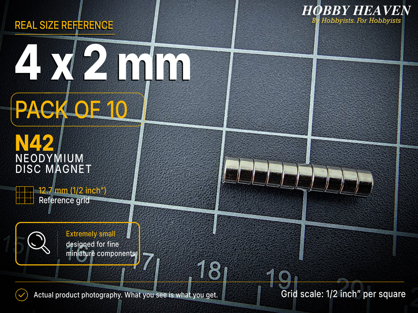 Pack of 10 - 4 x 2 mm N42 neodymium disc magnets stacked in a single row on a half-inch reference grid