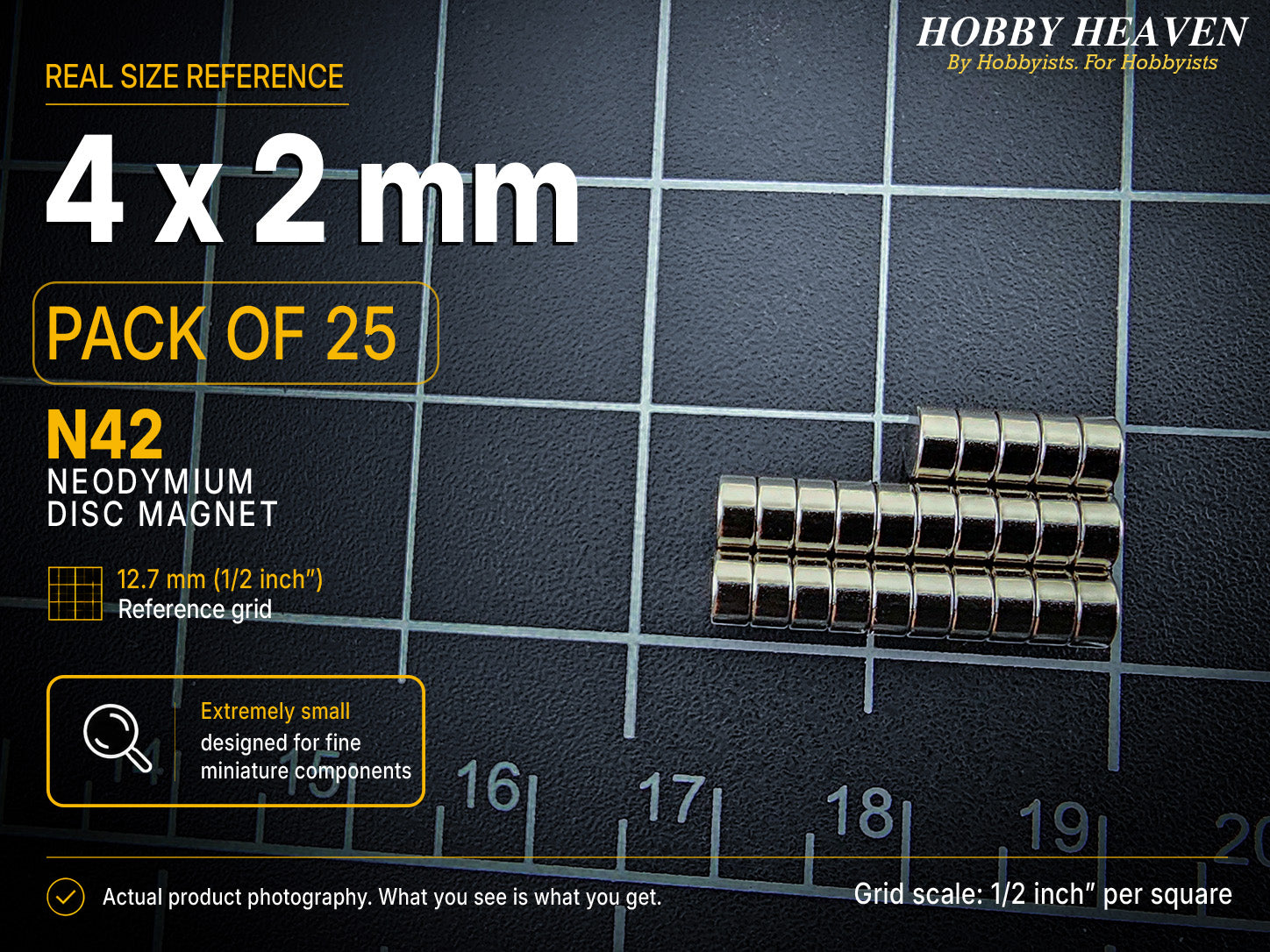 Pack of 25 - 4 x 2 mm N42 neodymium disc magnets in short stacked rows on a half-inch reference grid