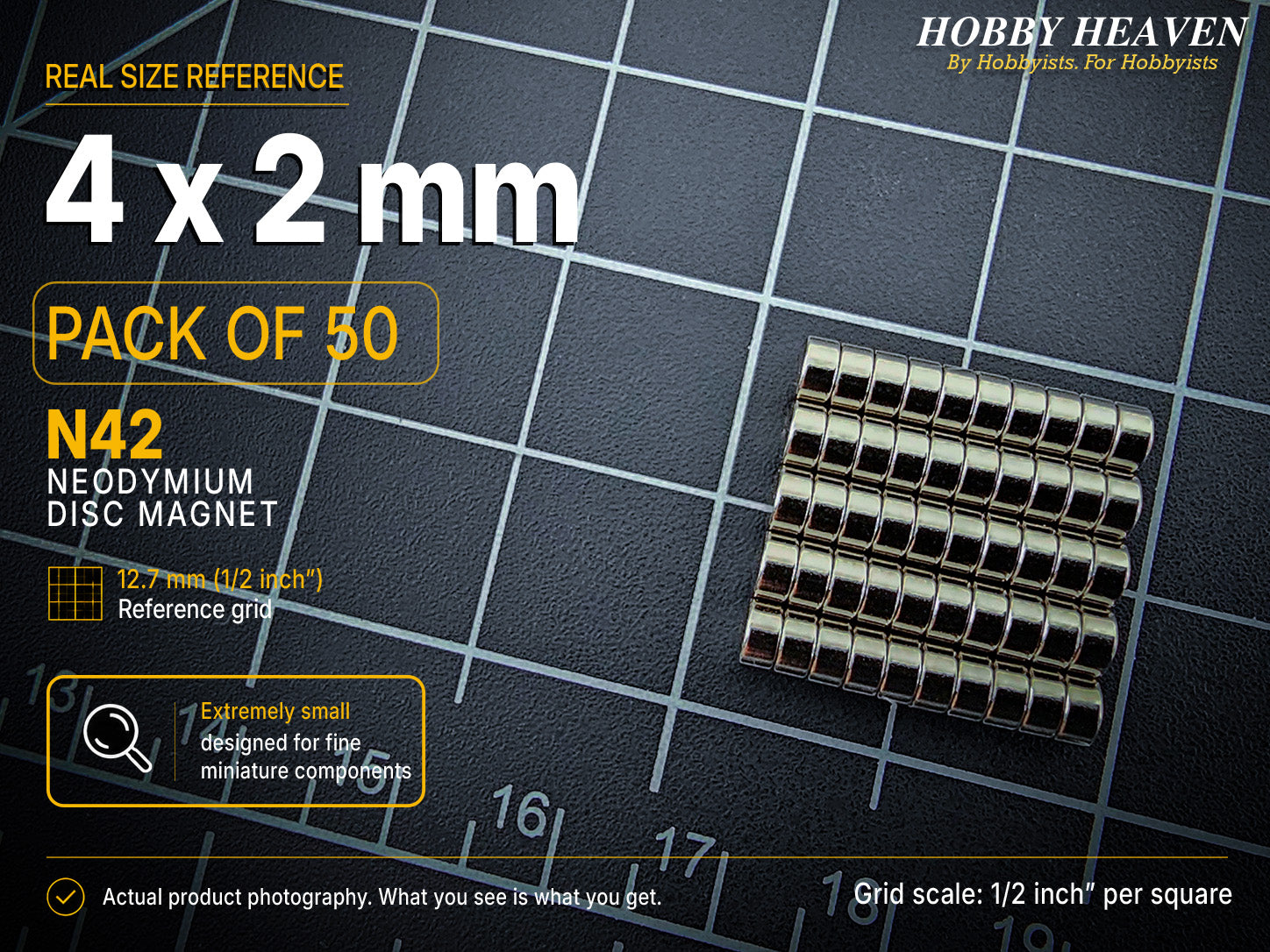 Pack of 50 - 4 x 2 mm N42 neodymium disc magnets in five stacked rows on a half-inch reference grid