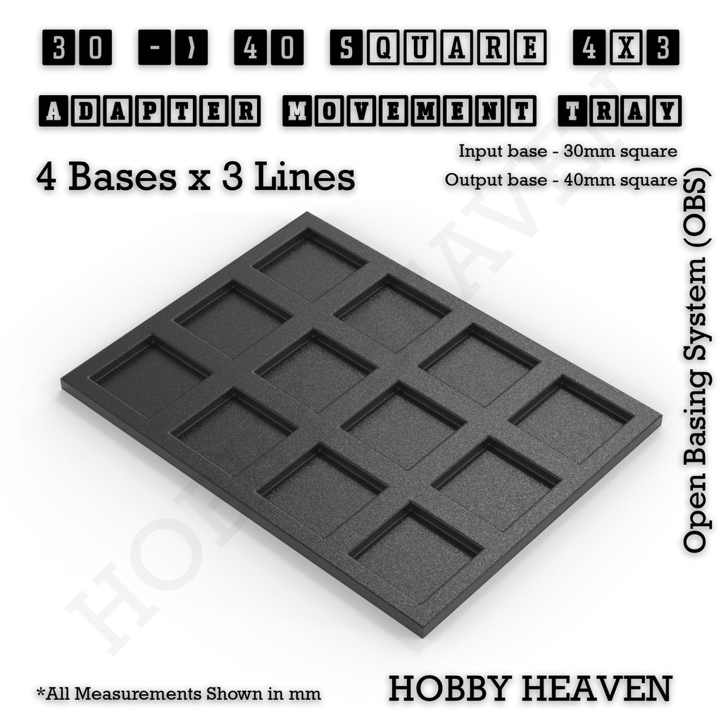 CGI render of the 30 to 40 mm square adapter, 4 × 3 formation, with 12 seats for 30 mm square bases.